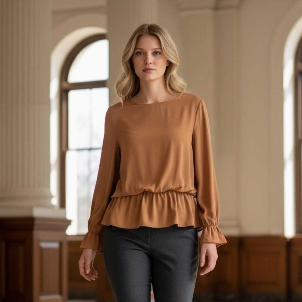 Zenana Women’s Blouse L/S Peplum Camel Gathered Waistline Size-S EUC